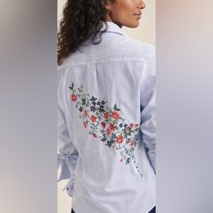 Miss Lili Blue/White Striped Shirt with floral embroidered, woman’s XL